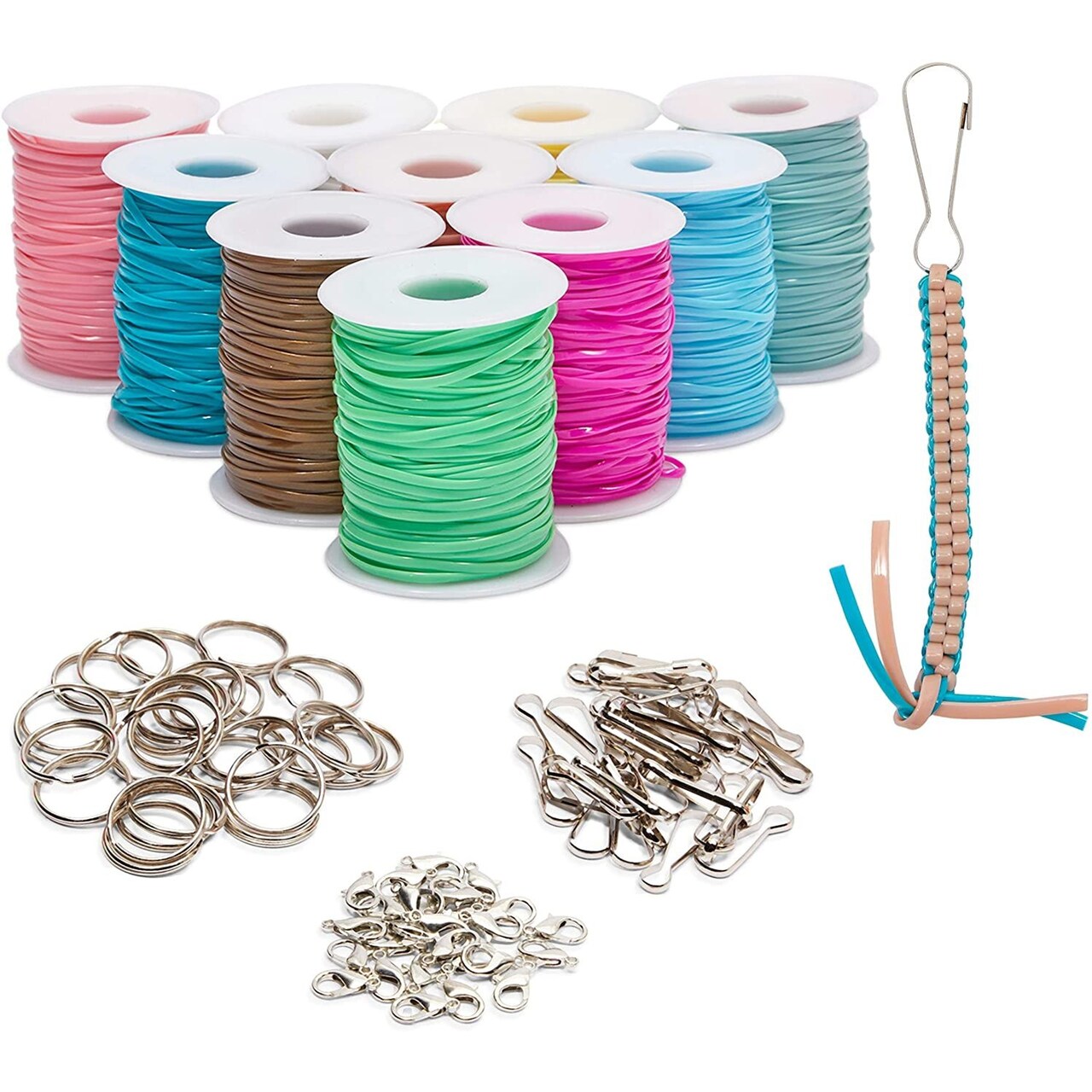Plastic Lacing Cord Kit with Key Chain Rings, Hooks, Clasps, 10 Colors (40 Yards, 100 Pieces)